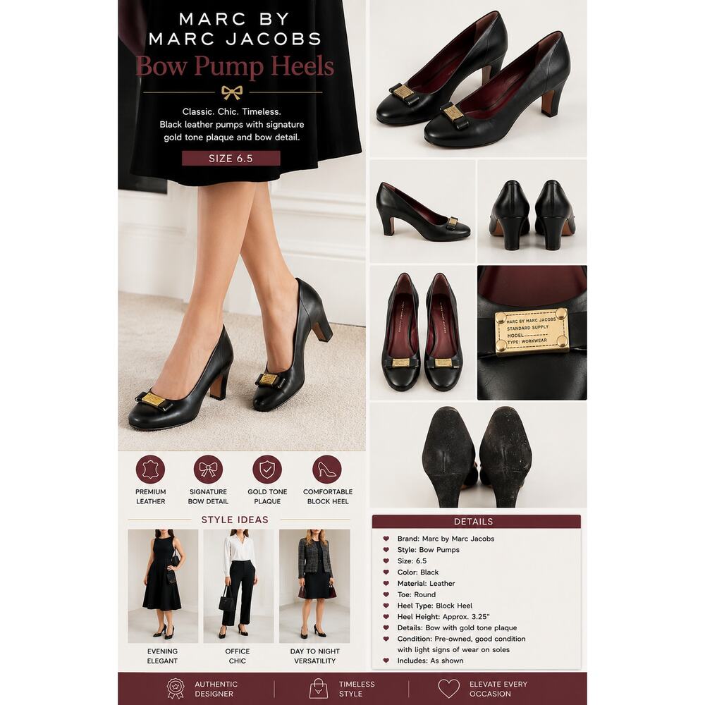 Marc by Marc Jacobs Bow Size 6.5  Black Leather Block Heel Pumps Round Toe